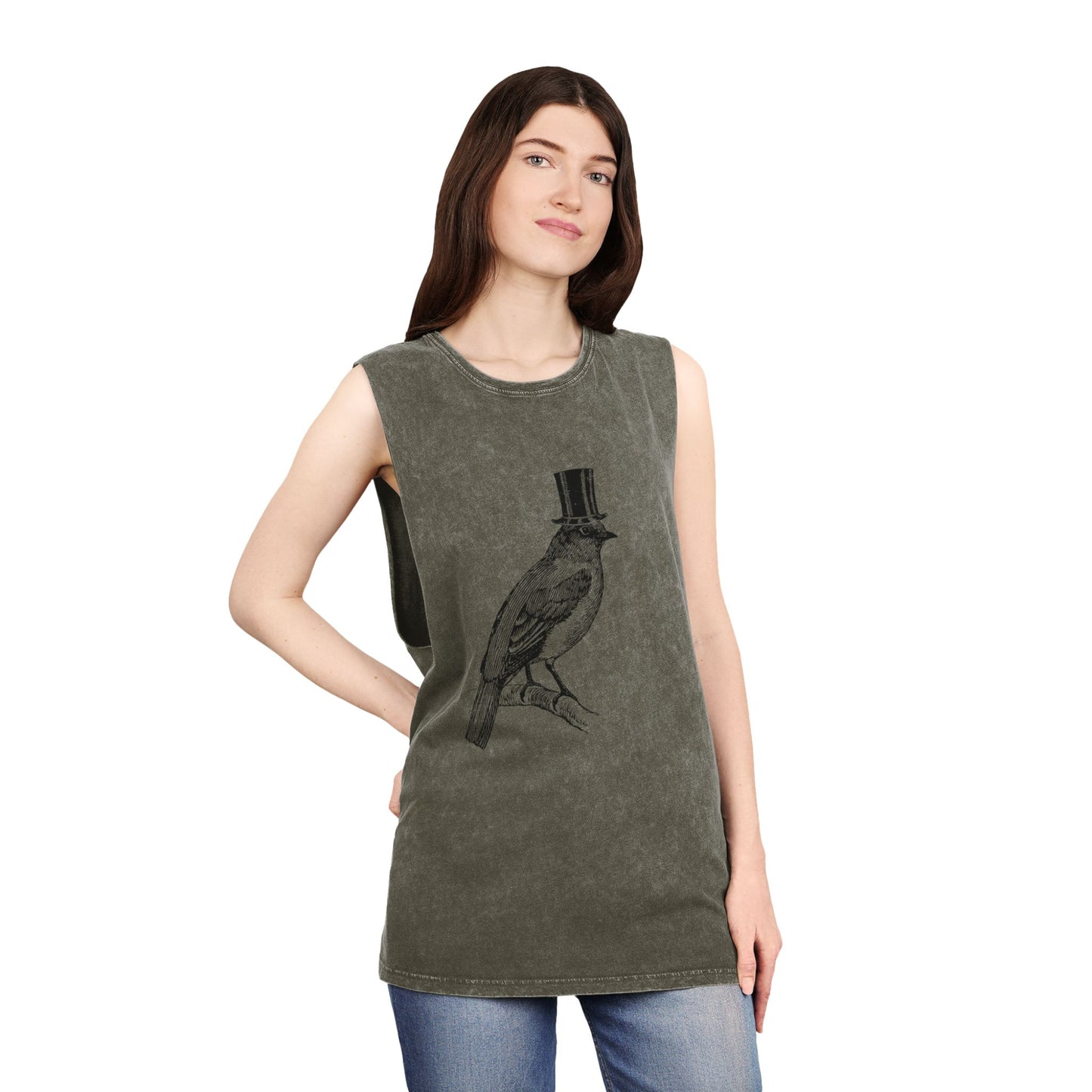 Stonewash Unisex Tank Top - Bird in Top Hat