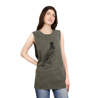Stonewash Unisex Tank Top - Bird in Top Hat