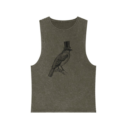 Stonewash Unisex Tank Top - Bird in Top Hat