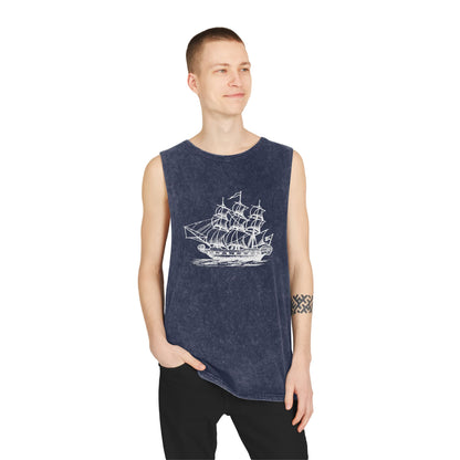 Stonewash Unisex Tank Top - Vintage Sailing Ship Graphic